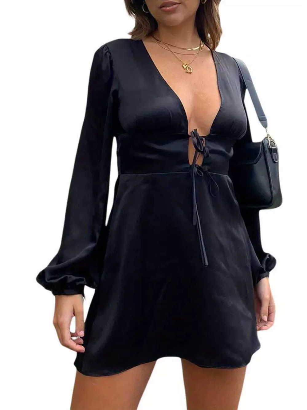 ZARA Sexy Deep V-Neck Tie Front Mini Dress Spring Summer